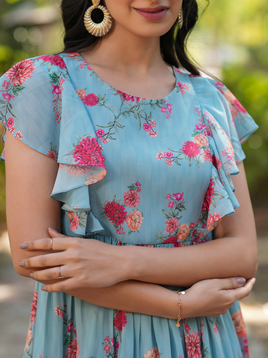 Janasya Bright Georgette Floral Tiered Dress 