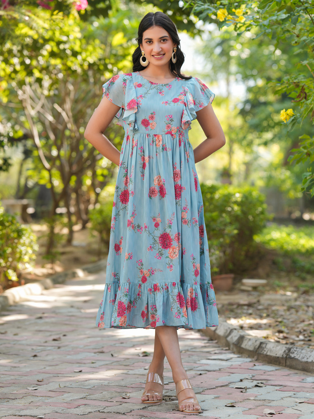 Janasya Bright Georgette Floral Tiered Dress 