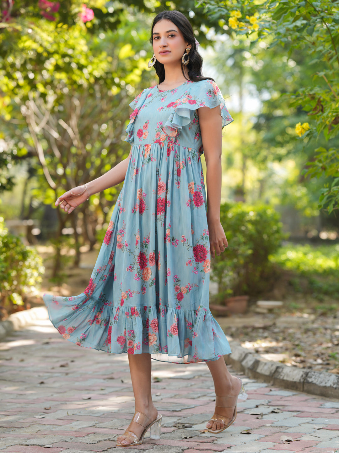 Janasya Bright Georgette Floral Tiered Dress 