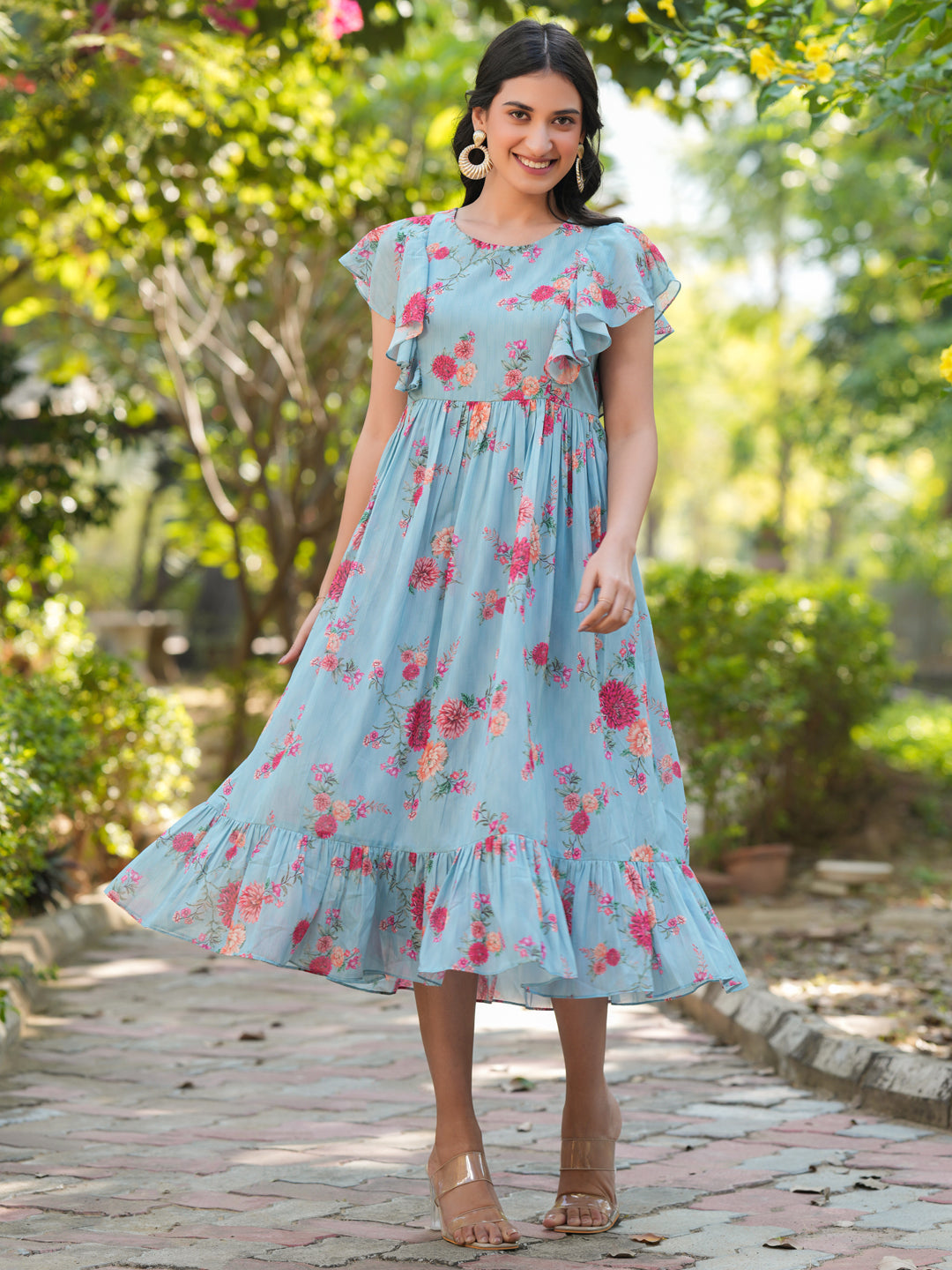 Janasya Bright Georgette Floral Tiered Dress 