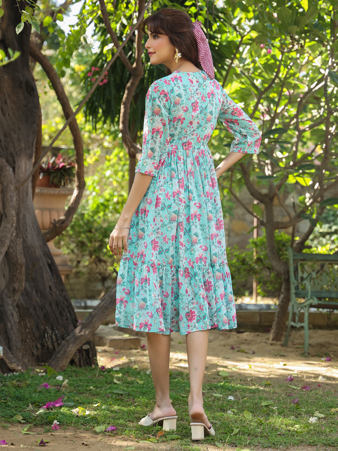 Janasya Bright Georgette Floral Tiered Dress 