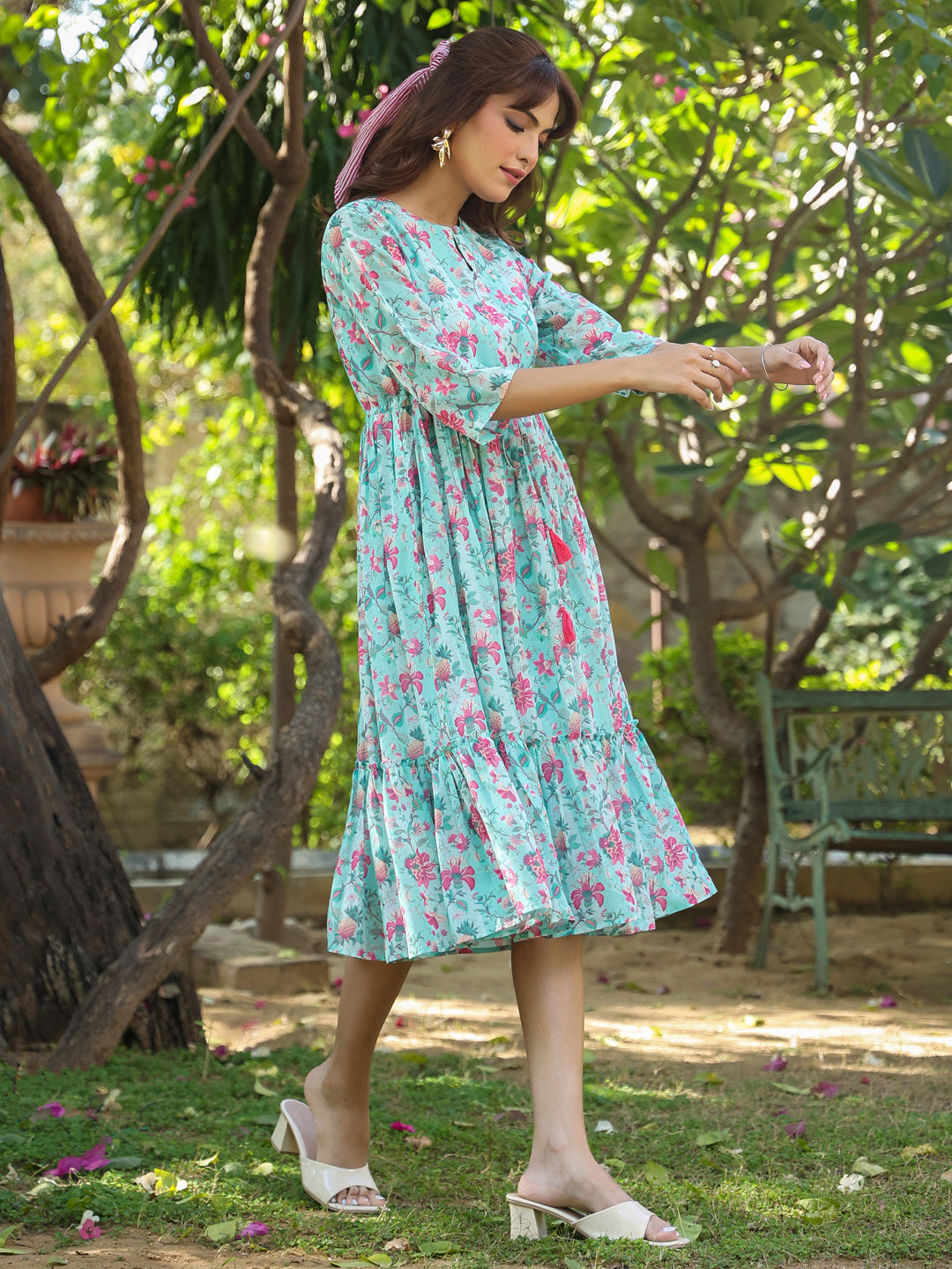Janasya Bright Georgette Floral Tiered Dress 