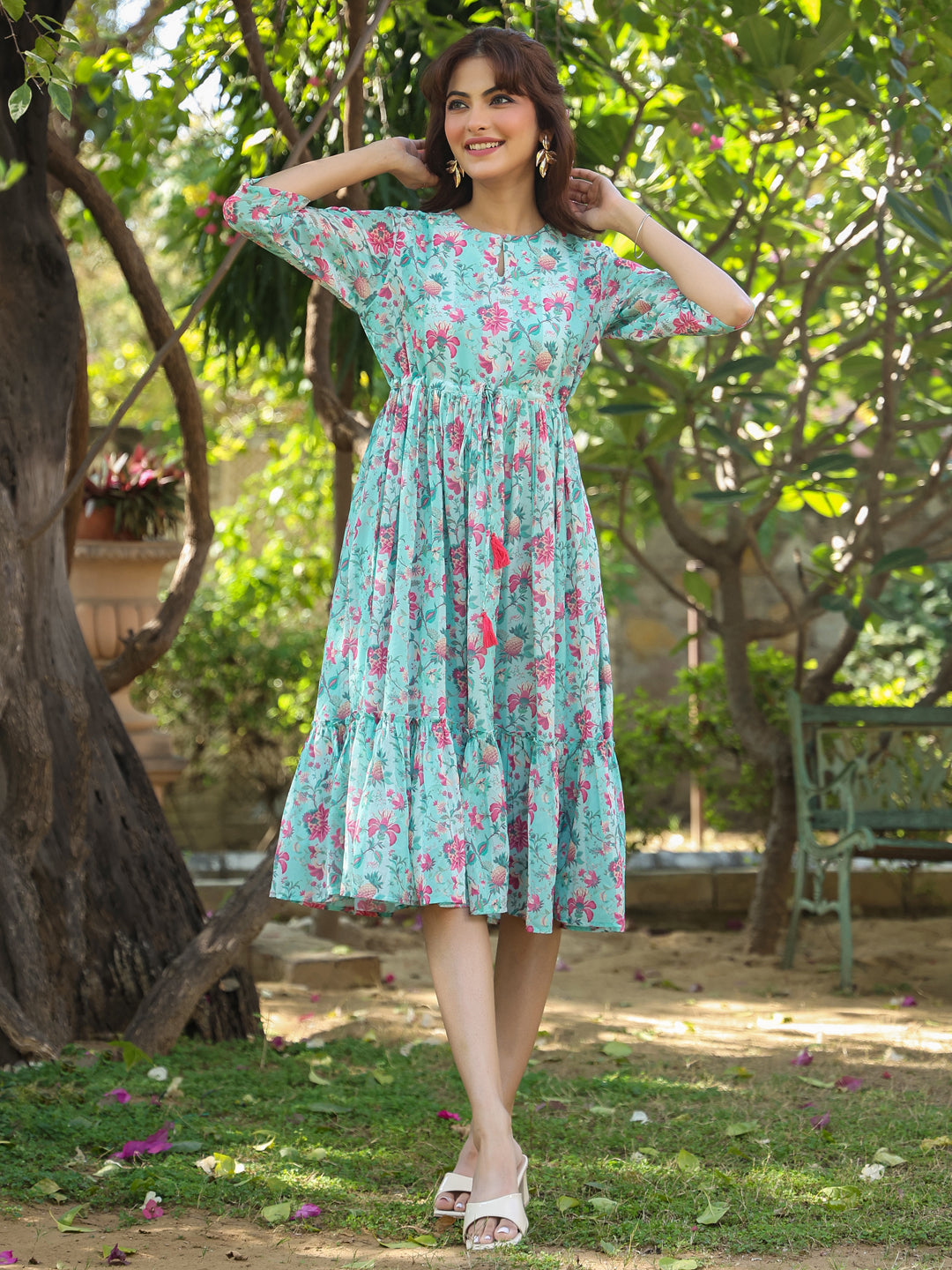 Janasya Bright Georgette Floral Tiered Dress 