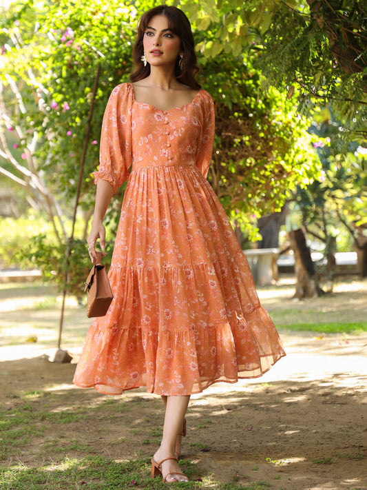Janasya Bright Georgette Floral Tiered Dress 