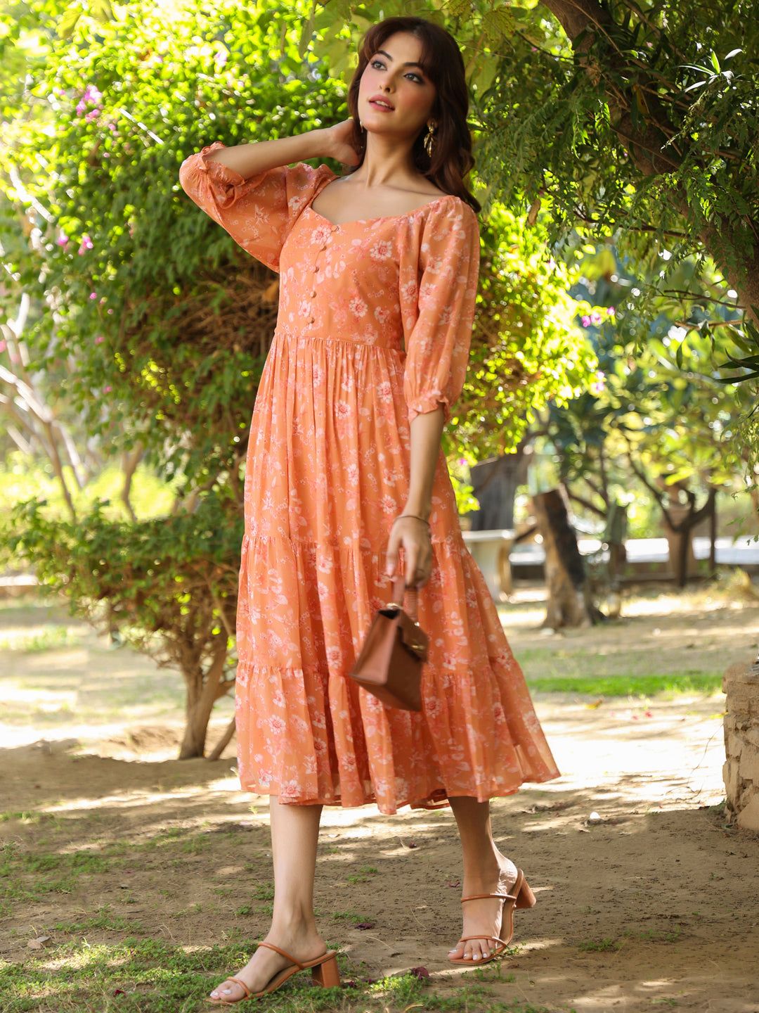 Janasya Bright Georgette Floral Tiered Dress 