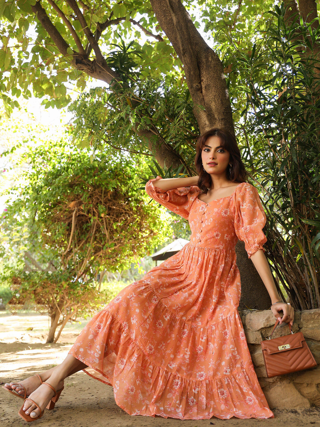 Janasya Bright Georgette Floral Tiered Dress 