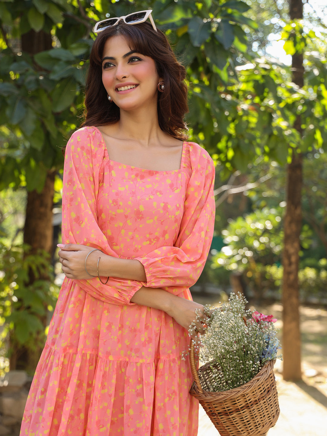 Janasya Light Georgette Floral Tiered Dress 