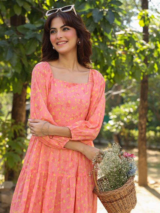 Janasya Light Georgette Floral Tiered Dress 