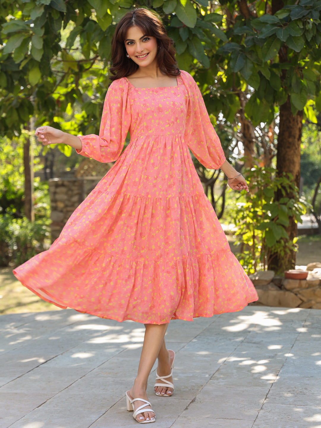 Janasya Light Georgette Floral Tiered Dress 