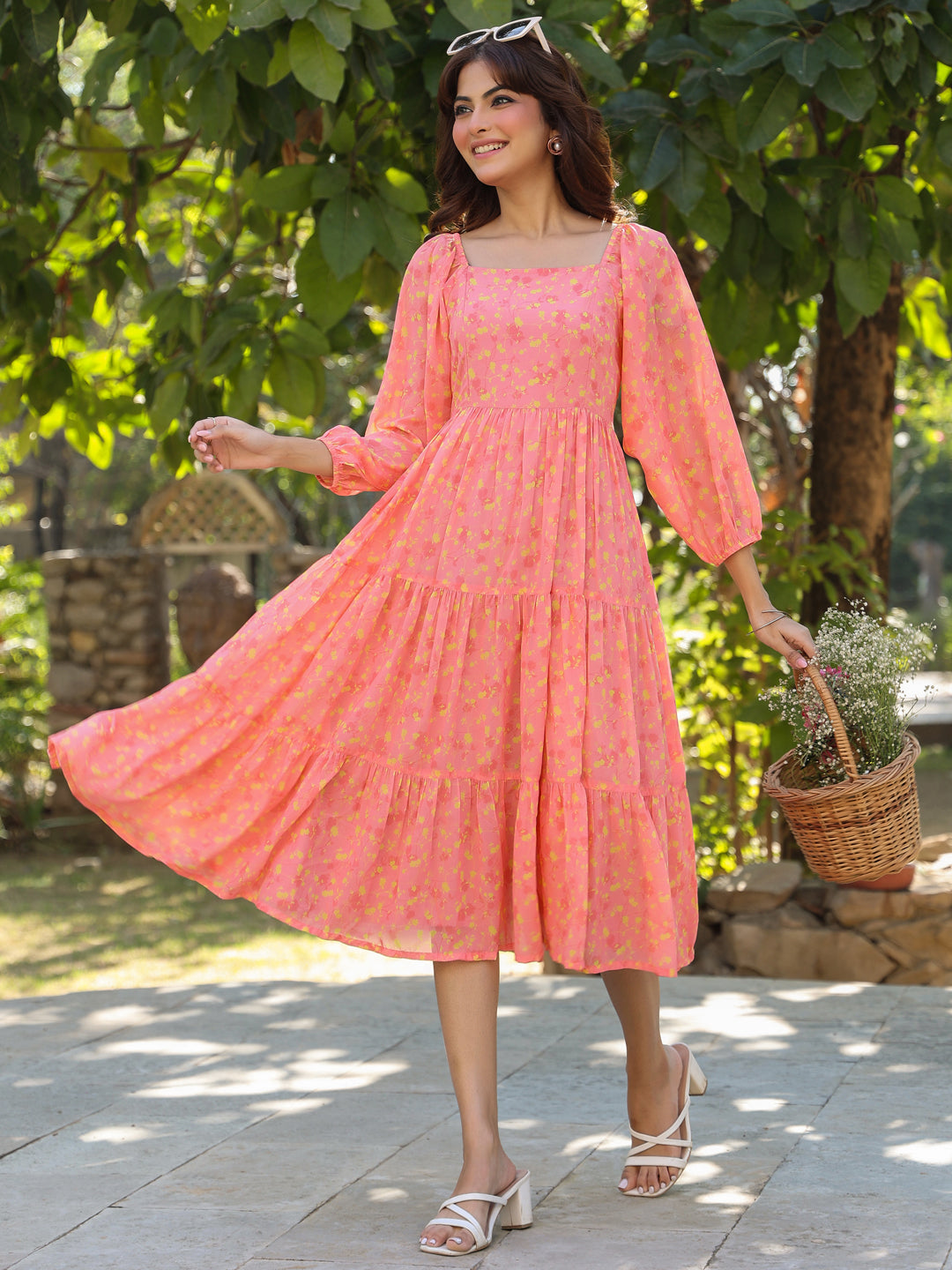 Janasya Light Georgette Floral Tiered Dress 