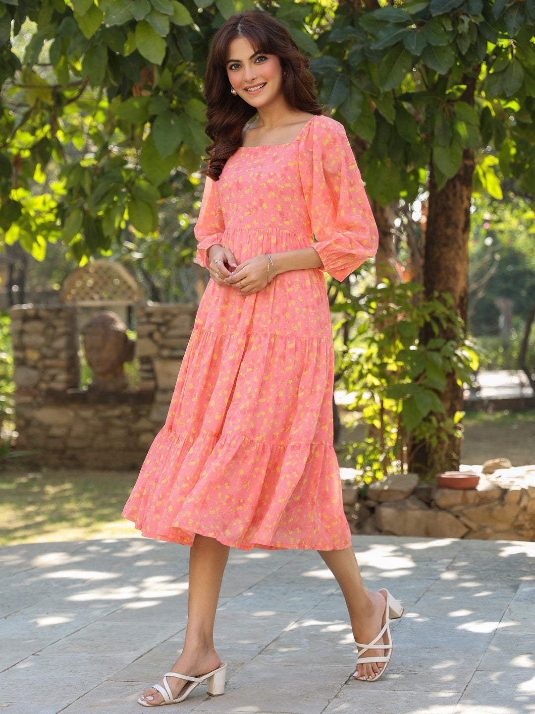 Janasya Light Georgette Floral Tiered Dress 