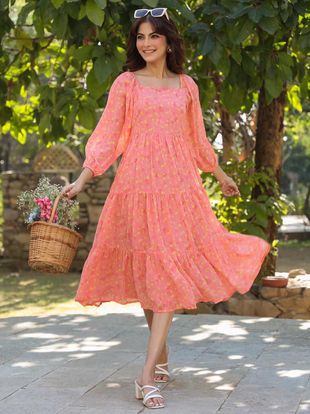 Janasya Light Georgette Floral Tiered Dress 