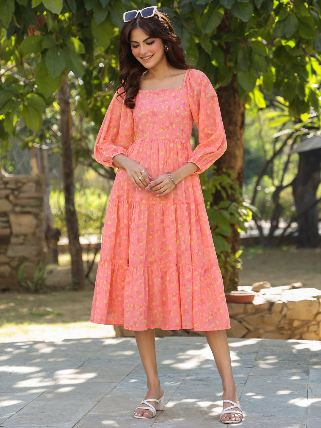 Janasya Light Georgette Floral Tiered Dress 