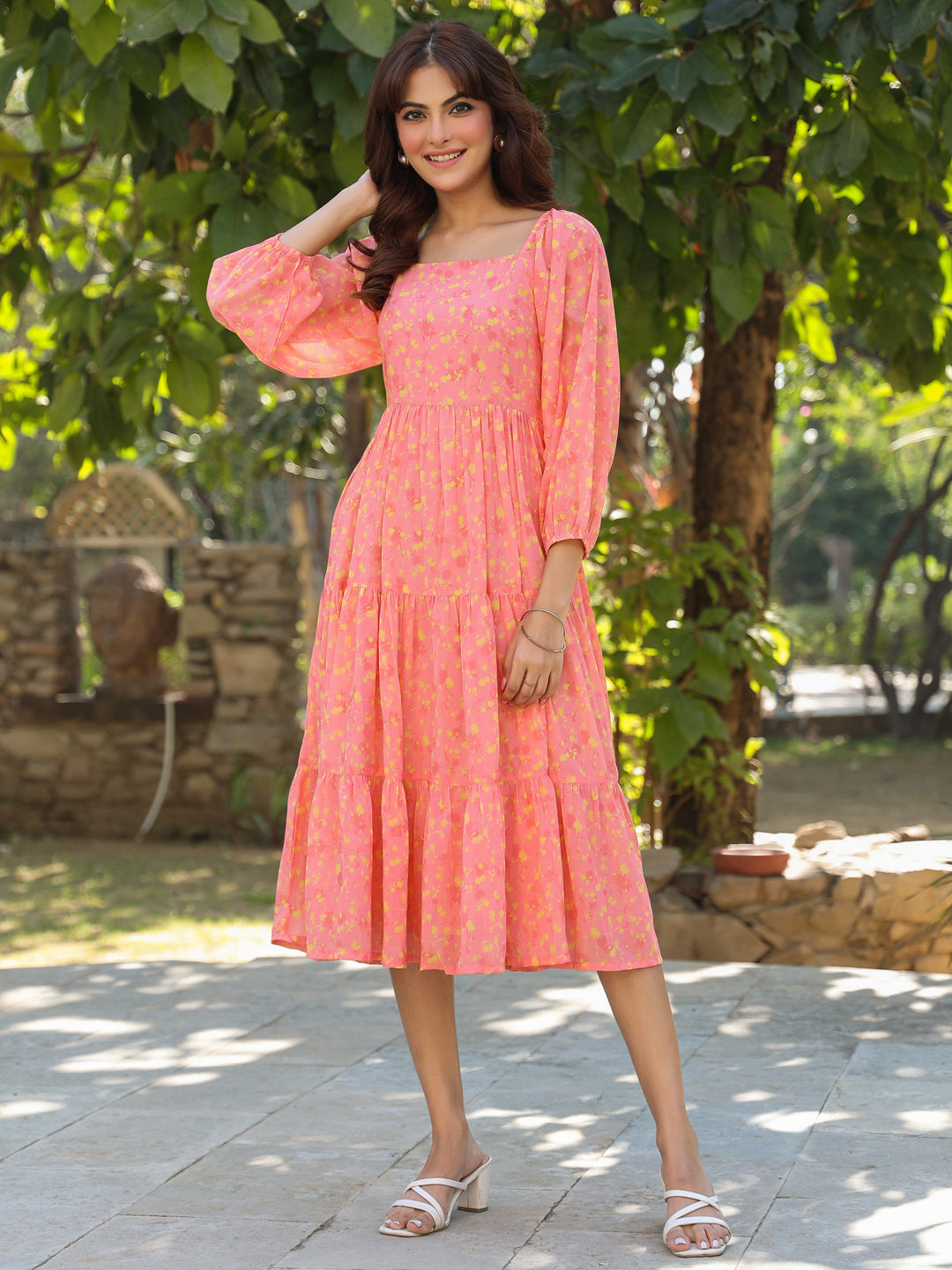 Janasya Light Georgette Floral Tiered Dress 