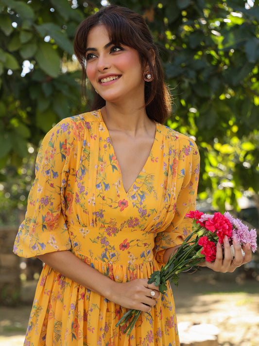 Janasya Bright Georgette Floral Gathered Dress 