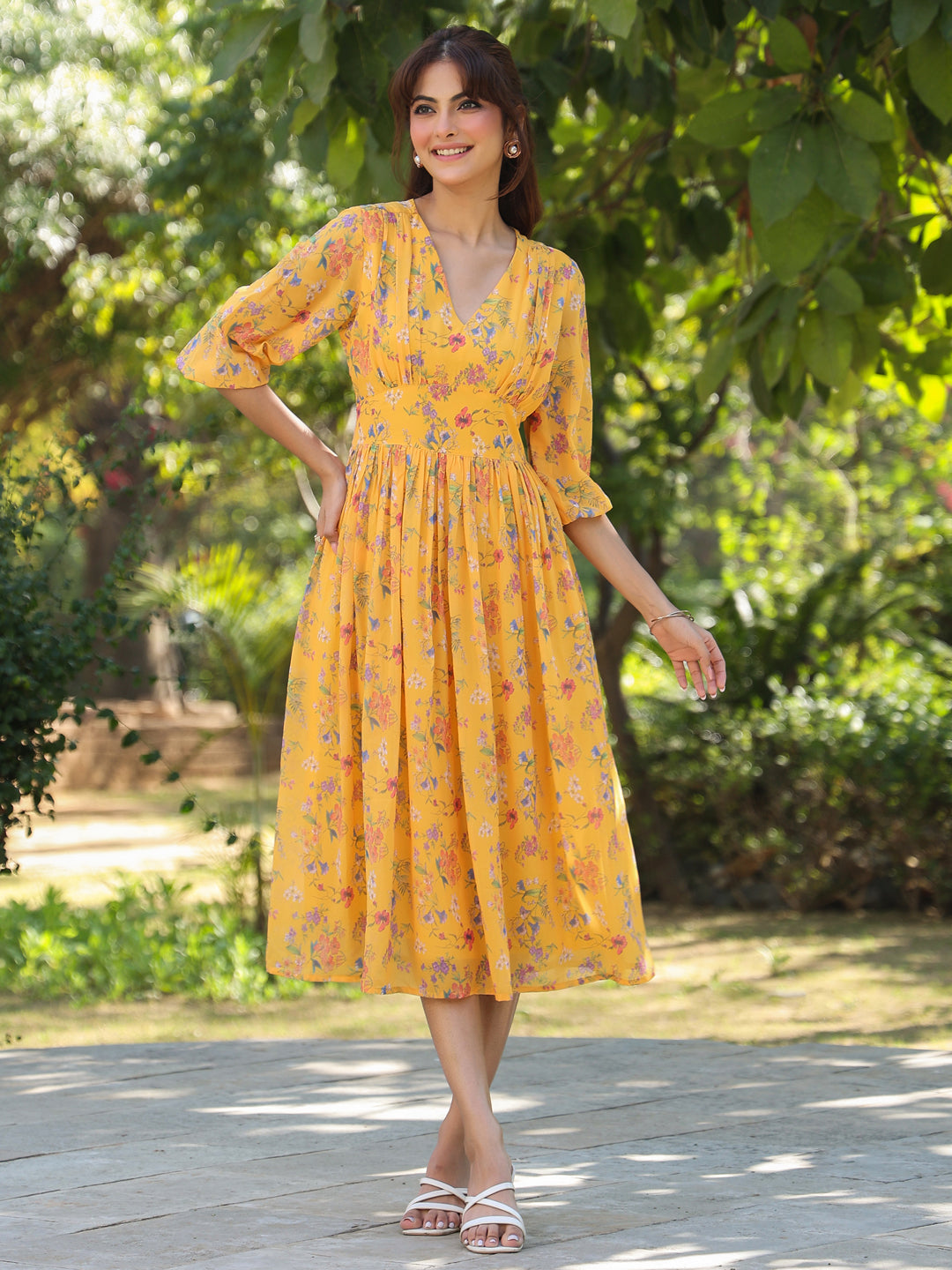 Janasya Bright Georgette Floral Gathered Dress 