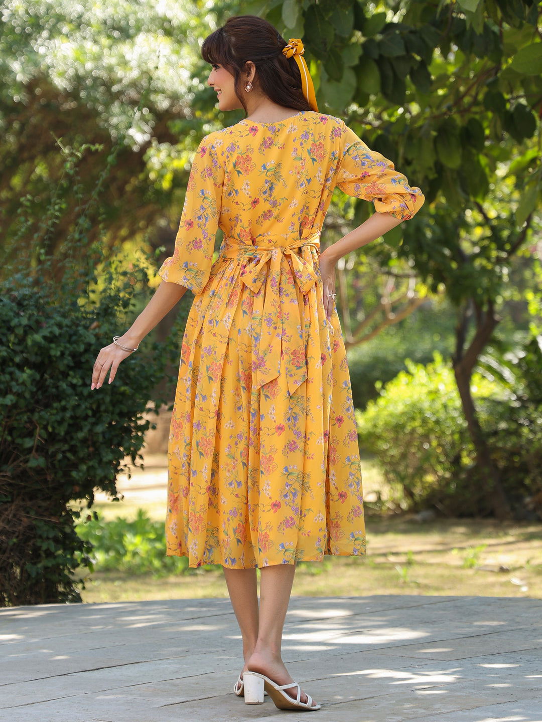 Janasya Bright Georgette Floral Gathered Dress 