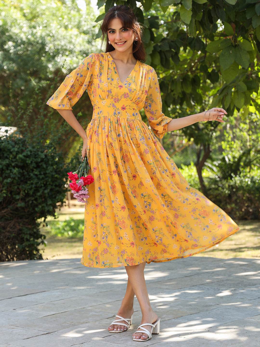 Janasya Bright Georgette Floral Gathered Dress 