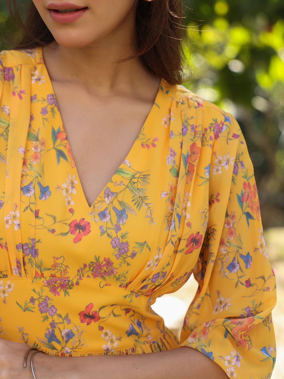 Janasya Bright Georgette Floral Gathered Dress 