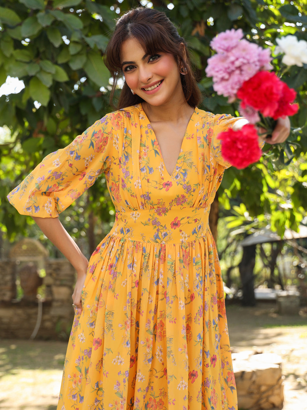 Janasya Bright Georgette Floral Gathered Dress 