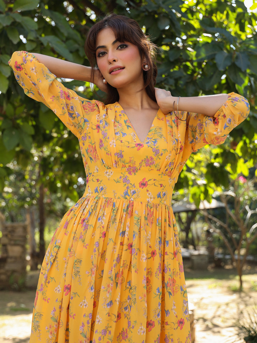Janasya Bright Georgette Floral Gathered Dress 