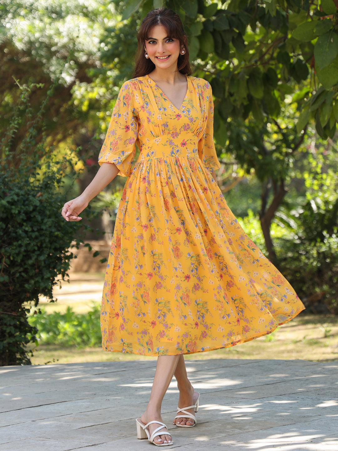 Janasya Bright Georgette Floral Gathered Dress 