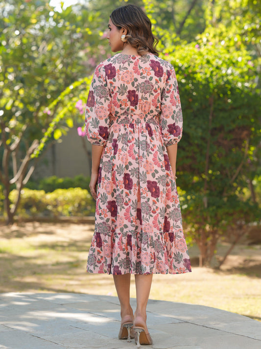 Janasya Light Georgette Floral Fit & Flare Dress 
