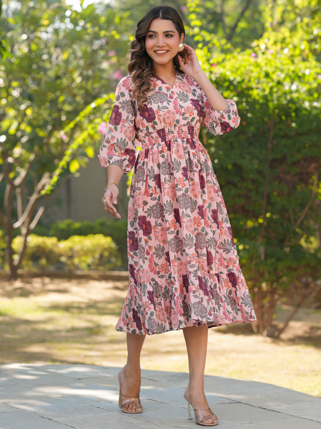 Janasya Light Georgette Floral Fit & Flare Dress 