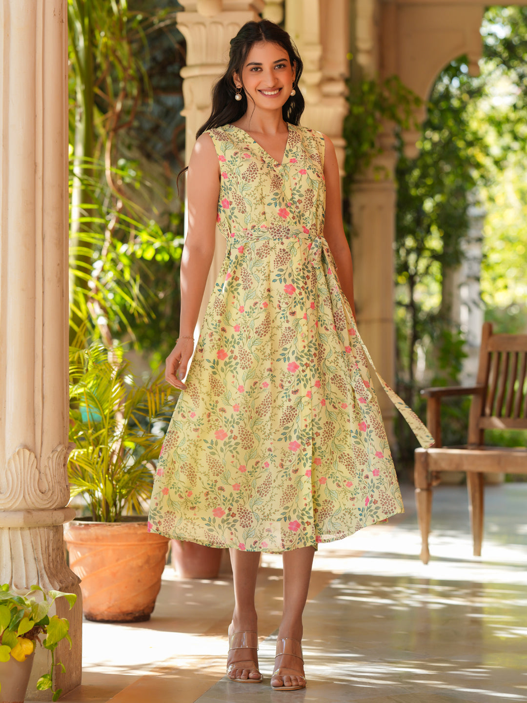 Janasya Light Georgette Floral A-Line Dress 