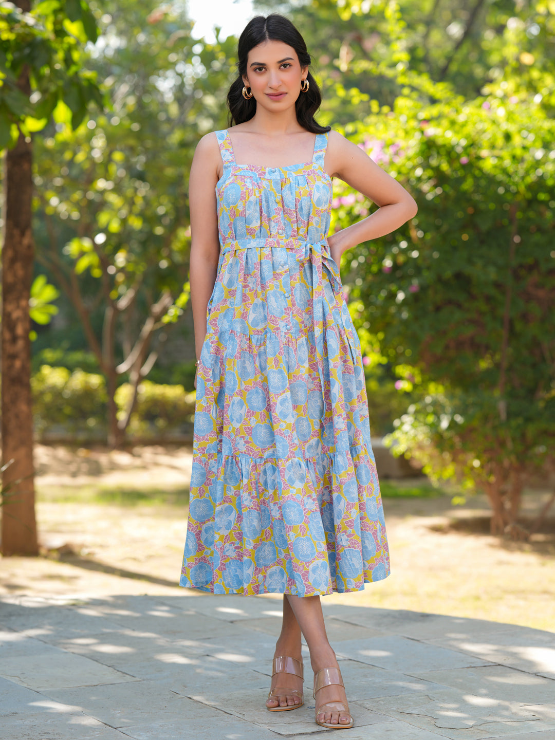 Janasya Light Cotton Floral Tiered Dress 