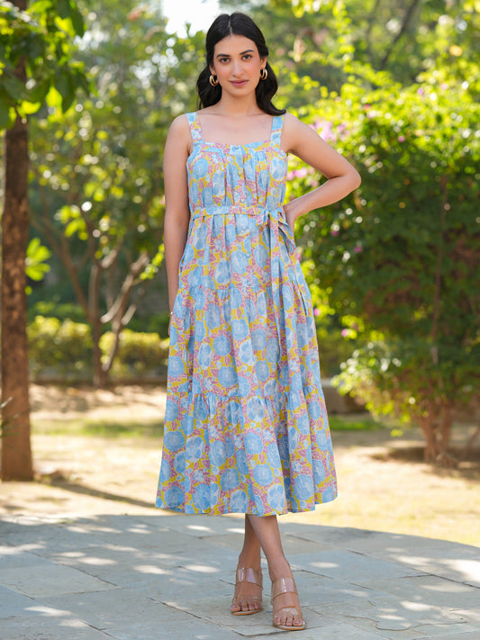 Janasya Light Cotton Floral Tiered Dress 