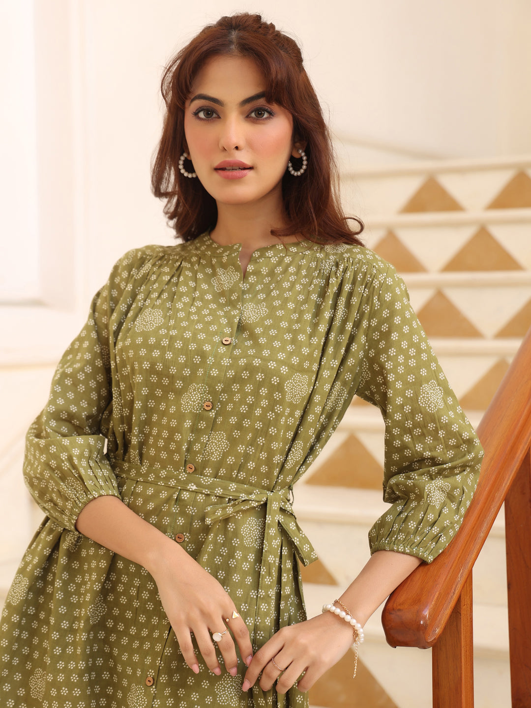 Janasya Dark Cotton Floral A-Line Dress 