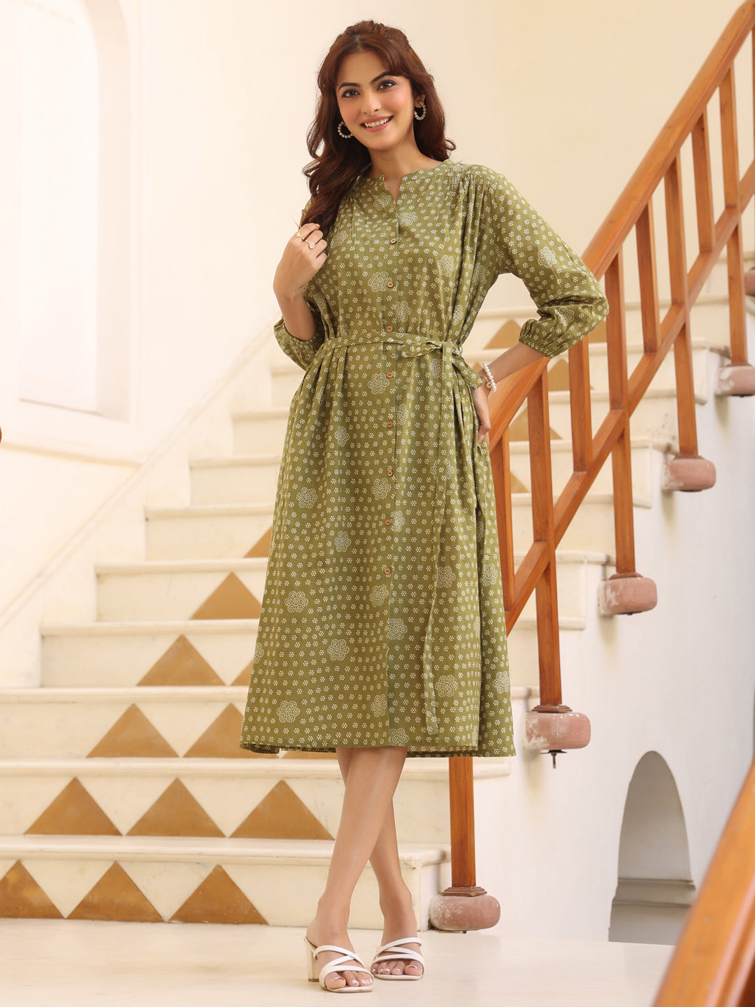 Janasya Dark Cotton Floral A-Line Dress 