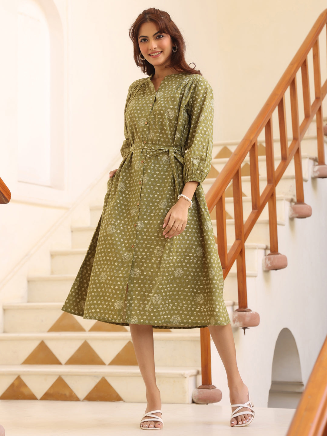 Janasya Dark Cotton Floral A-Line Dress 