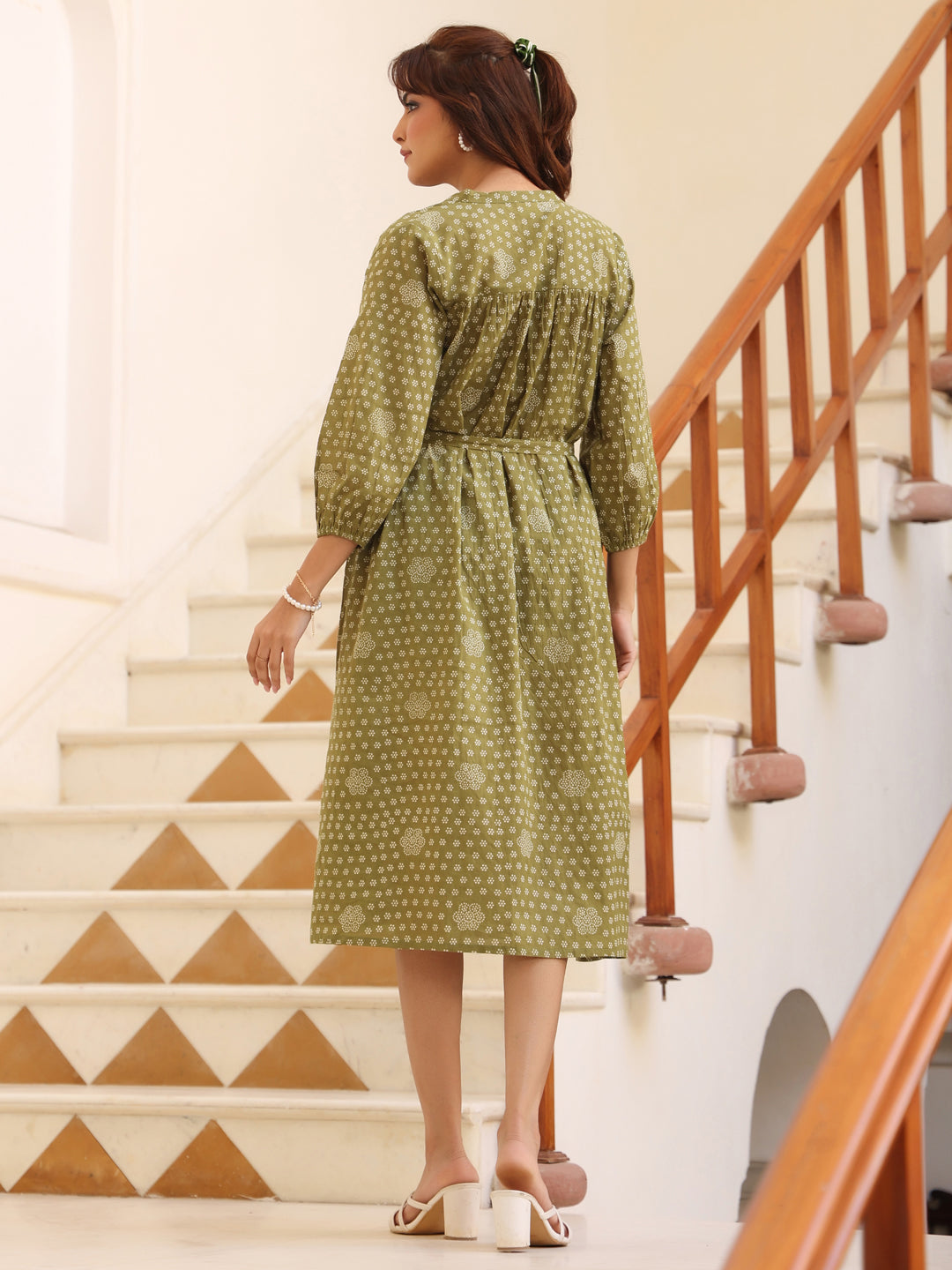 Janasya Dark Cotton Floral A-Line Dress 