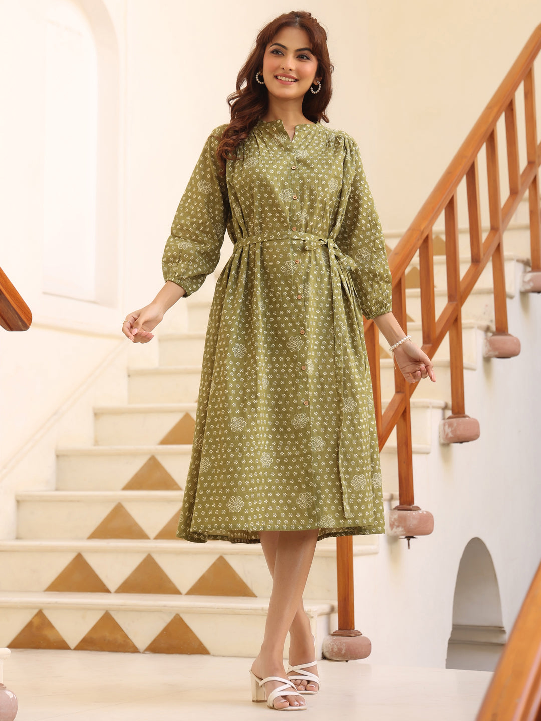 Janasya Dark Cotton Floral A-Line Dress 