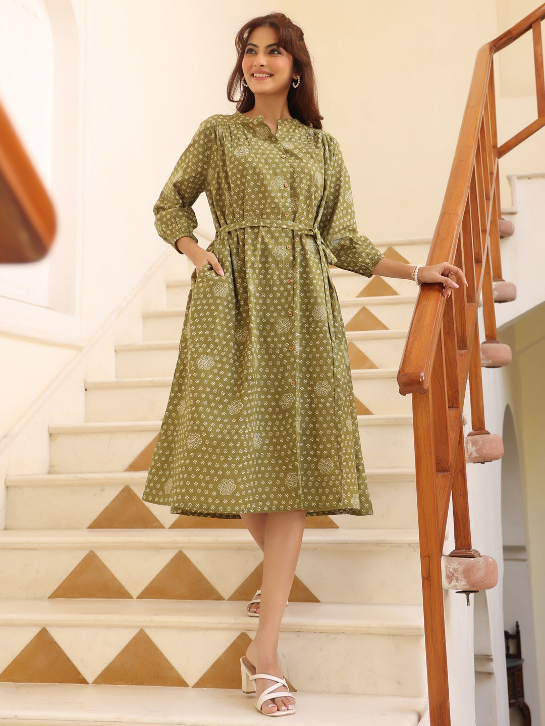 Janasya Dark Cotton Floral A-Line Dress 