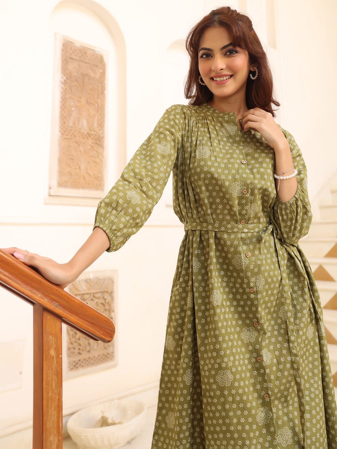 Janasya Dark Cotton Floral A-Line Dress 