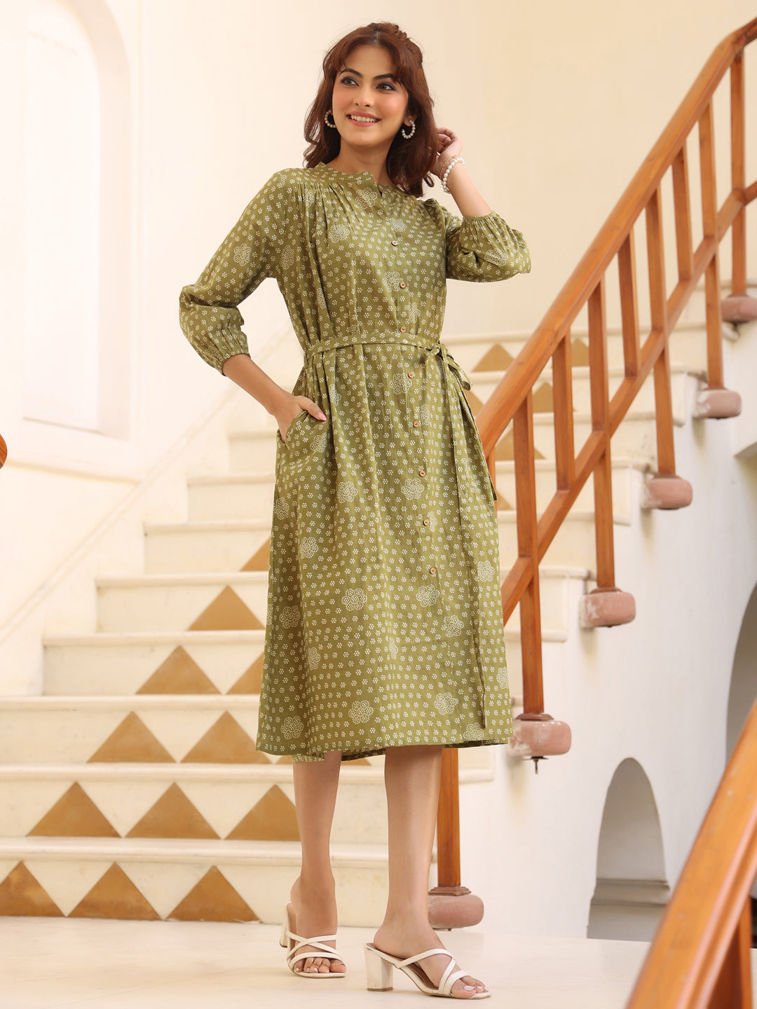Janasya Dark Cotton Floral A-Line Dress 
