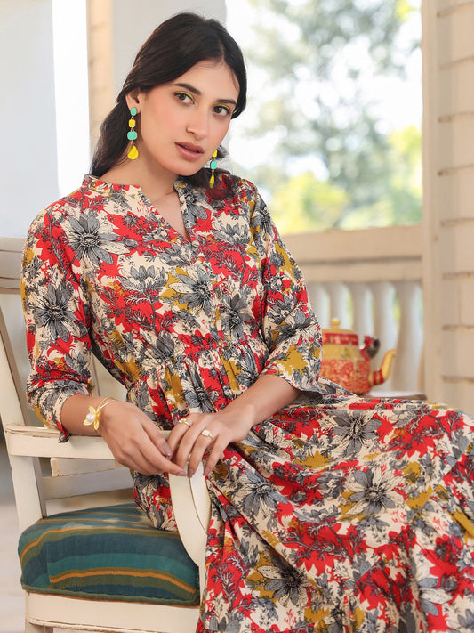 Janasya Dark Cotton Floral Tiered Dress 