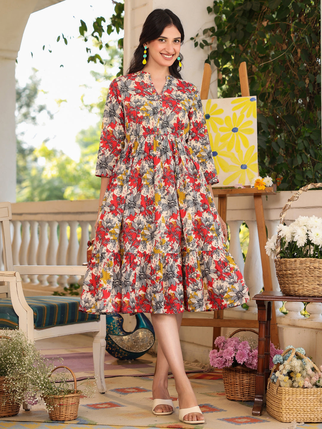 Janasya Dark Cotton Floral Tiered Dress 