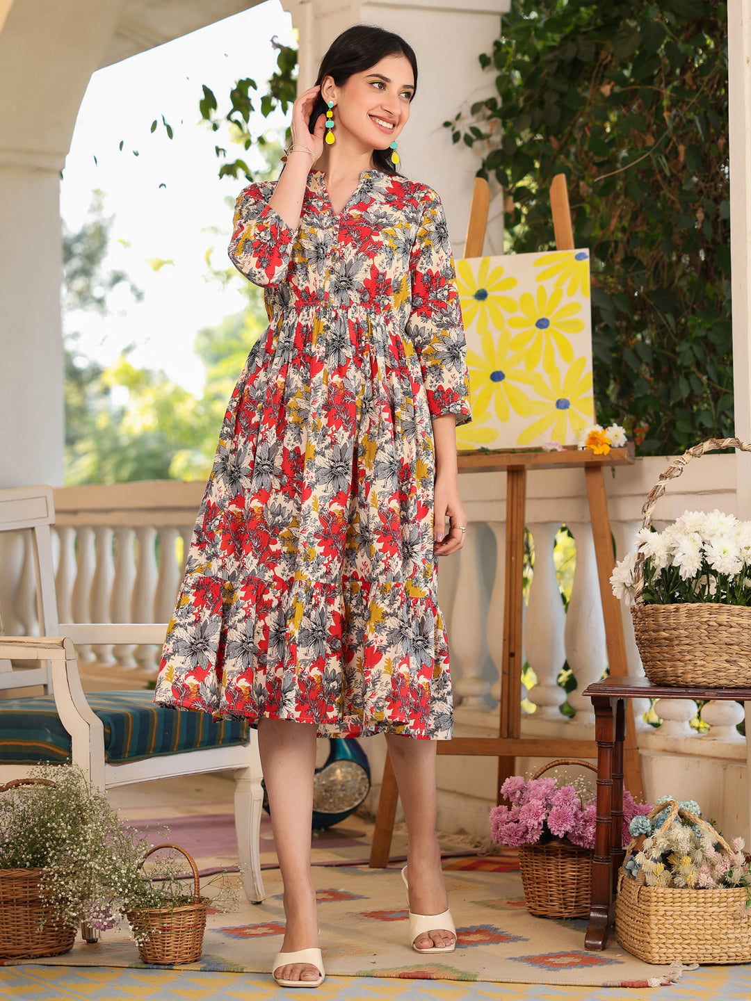 Janasya Dark Cotton Floral Tiered Dress 