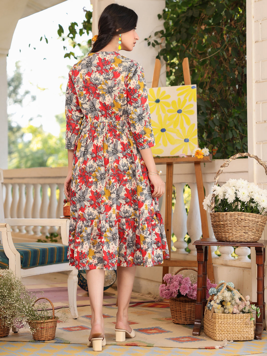 Janasya Dark Cotton Floral Tiered Dress 
