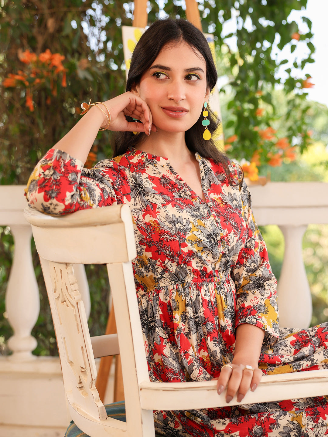 Janasya Dark Cotton Floral Tiered Dress 