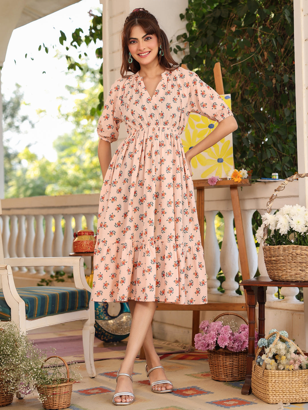 Janasya Light Cotton Floral Tiered Dress 