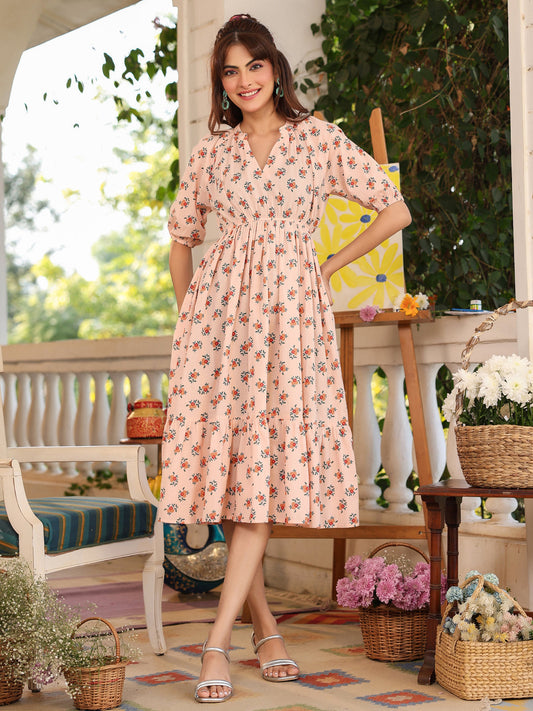 Janasya Light Cotton Floral Tiered Dress 