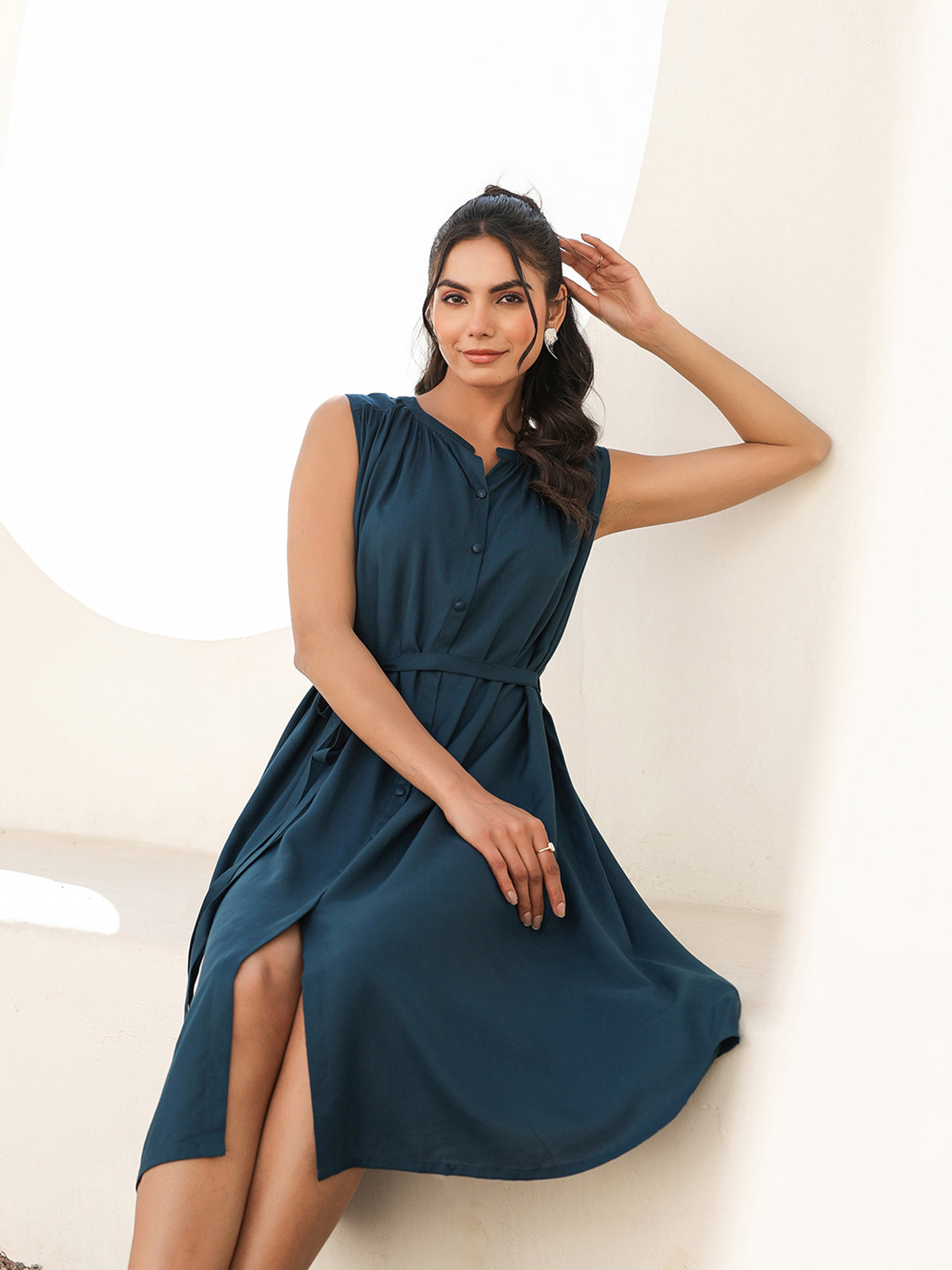 Janasya Dark Rayon Solid A-Line Dress 