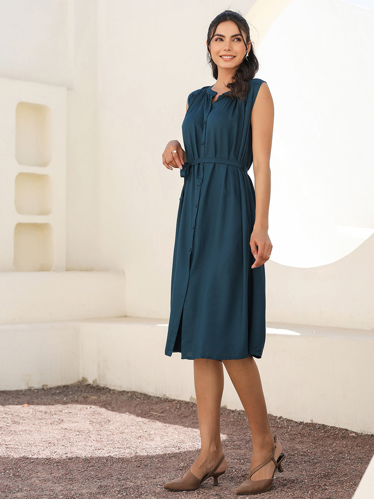 Janasya Dark Rayon Solid A-Line Dress 