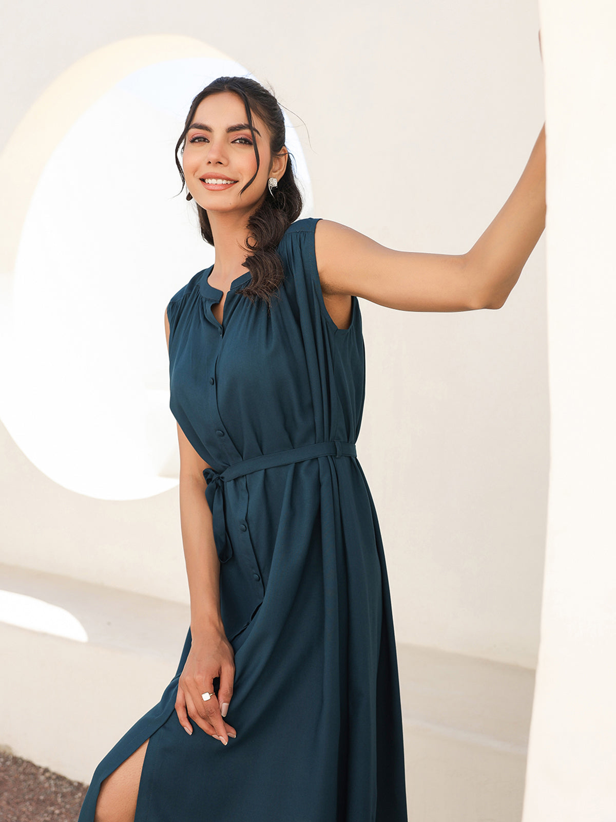 Janasya Dark Rayon Solid A-Line Dress 