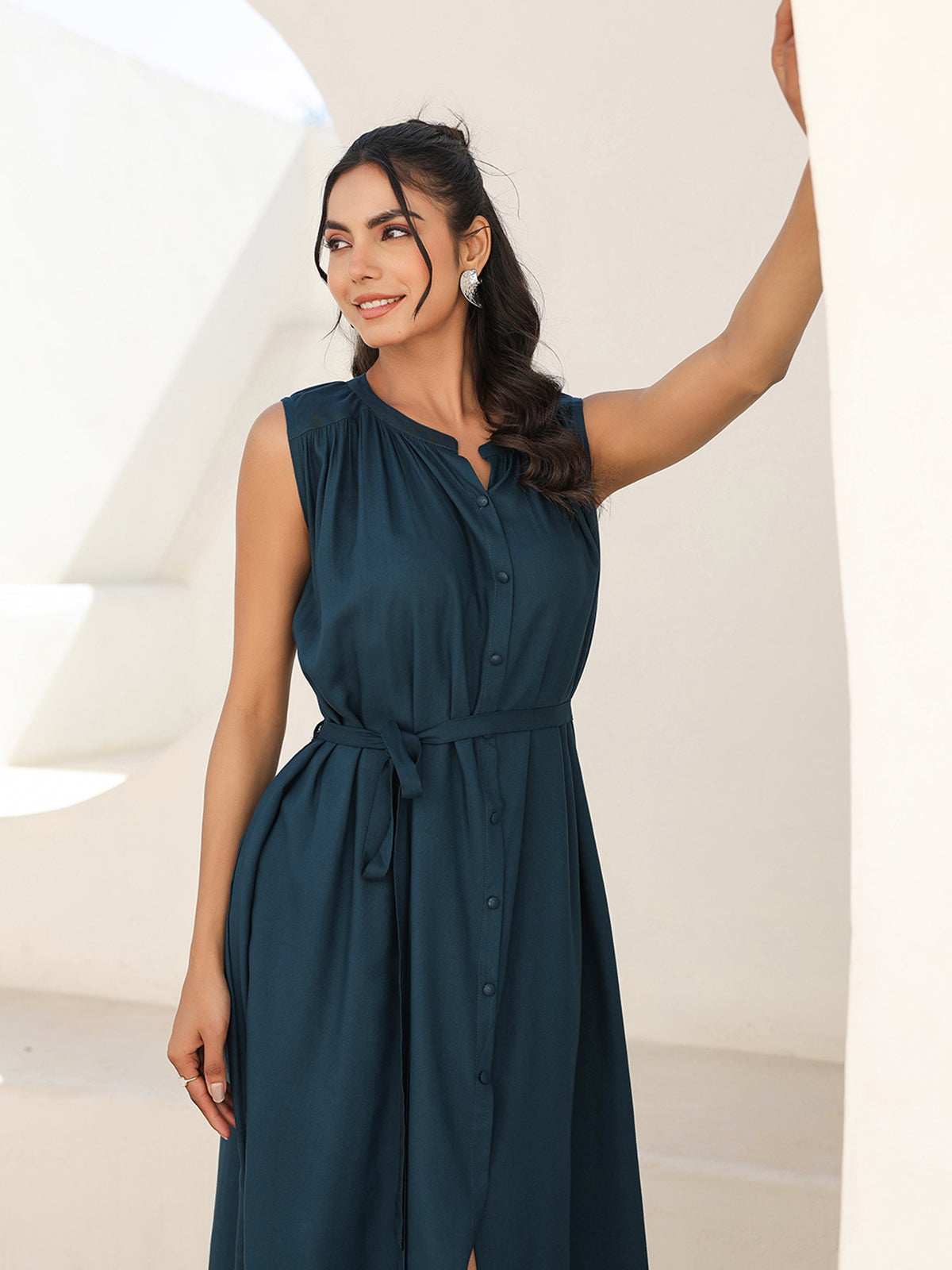 Janasya Dark Rayon Solid A-Line Dress 